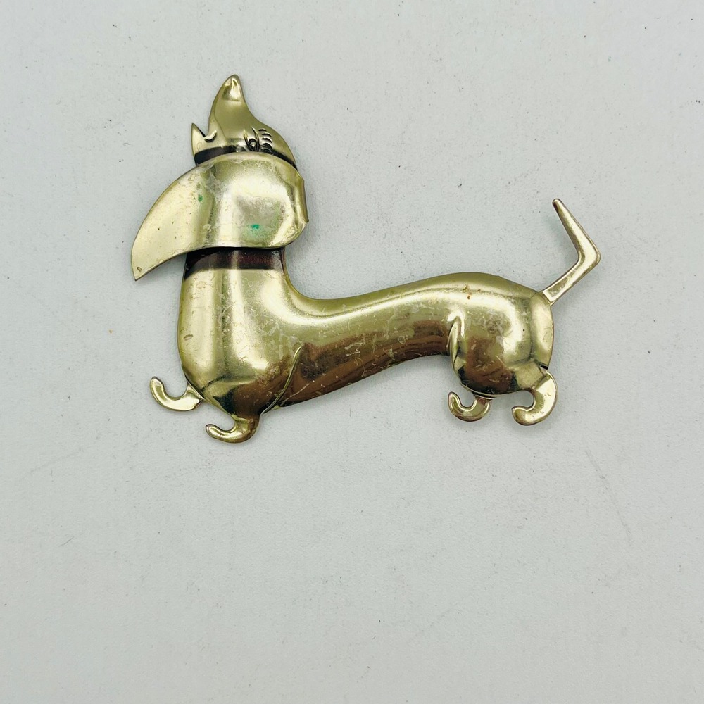 Vintage Silver Tone Dachshund Dog Brooch Mid Century Modern Wiener Dog Pin